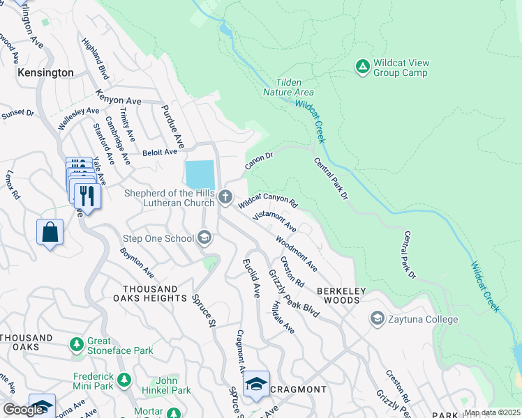 map of restaurants, bars, coffee shops, grocery stores, and more near 541 Vistamont Avenue in Berkeley