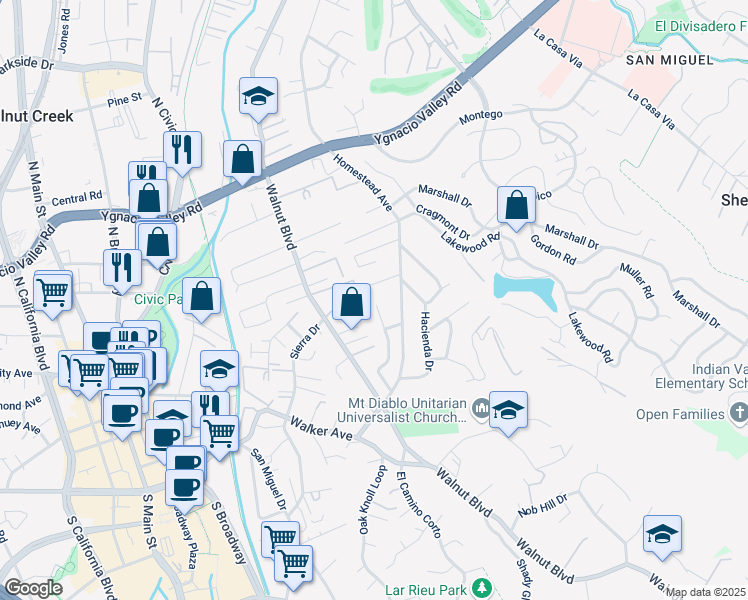 map of restaurants, bars, coffee shops, grocery stores, and more near 1099 West Holly Street in Walnut Creek