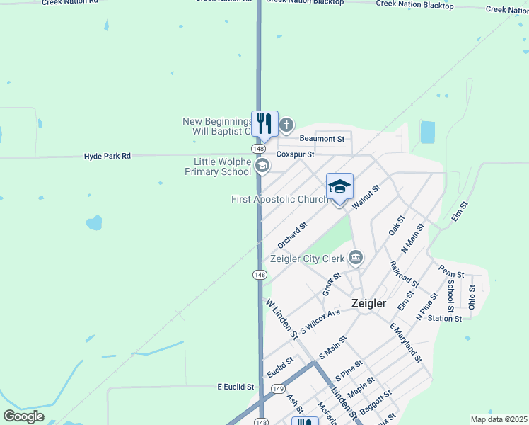 map of restaurants, bars, coffee shops, grocery stores, and more near 100-198 Prairie Street in Zeigler