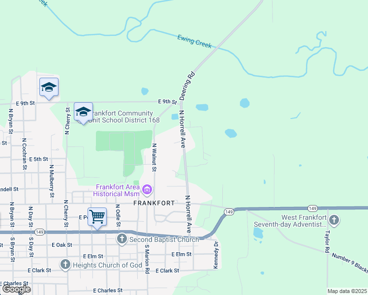 map of restaurants, bars, coffee shops, grocery stores, and more near 604 North Horrell Avenue in West Frankfort