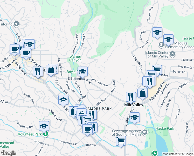 map of restaurants, bars, coffee shops, grocery stores, and more near 42 Alta Vista Avenue in Mill Valley