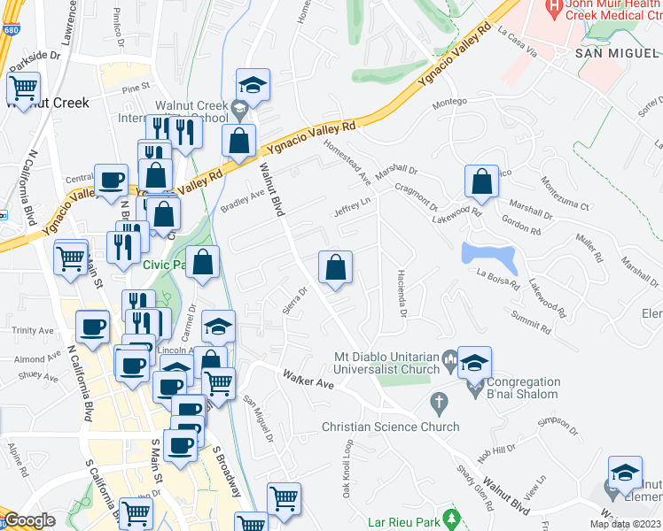 map of restaurants, bars, coffee shops, grocery stores, and more near 46 Sierra Lane in Walnut Creek
