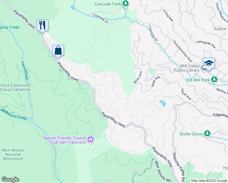 map of restaurants, bars, coffee shops, grocery stores, and more near 659 Edgewood Avenue in Mill Valley