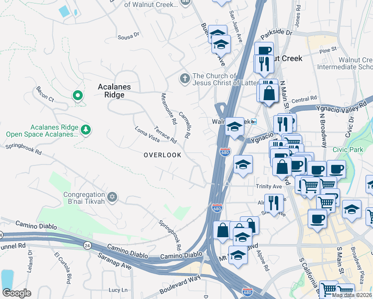 map of restaurants, bars, coffee shops, grocery stores, and more near 2 Vista Hermosa in Walnut Creek