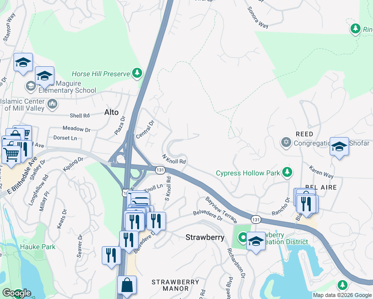 map of restaurants, bars, coffee shops, grocery stores, and more near 2 Eagle Rock Road in Mill Valley