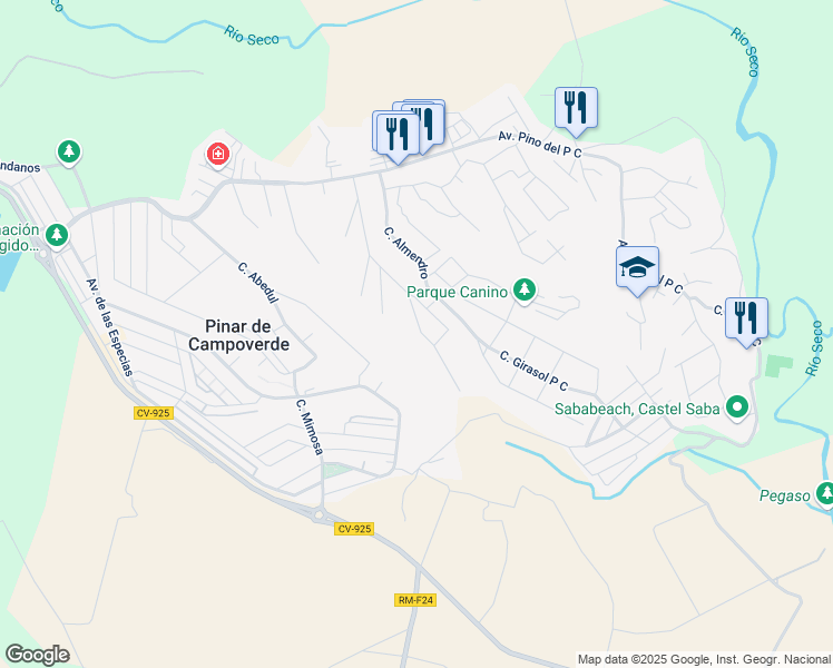 map of restaurants, bars, coffee shops, grocery stores, and more near 24 Calle Albaricoquero in Pinar de Campoverde