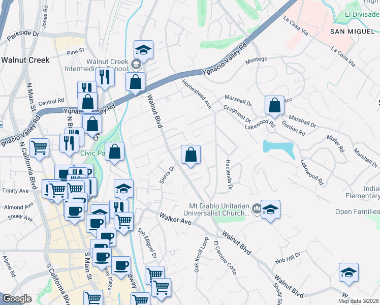 map of restaurants, bars, coffee shops, grocery stores, and more near 2748 Walnut Boulevard in Walnut Creek