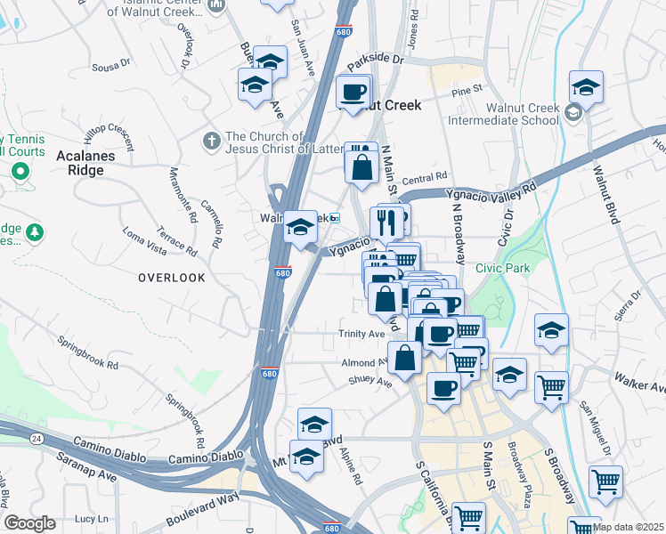 map of restaurants, bars, coffee shops, grocery stores, and more near 1753 Lacassie Avenue in Walnut Creek