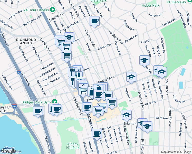 map of restaurants, bars, coffee shops, grocery stores, and more near 508 Liberty Street in El Cerrito