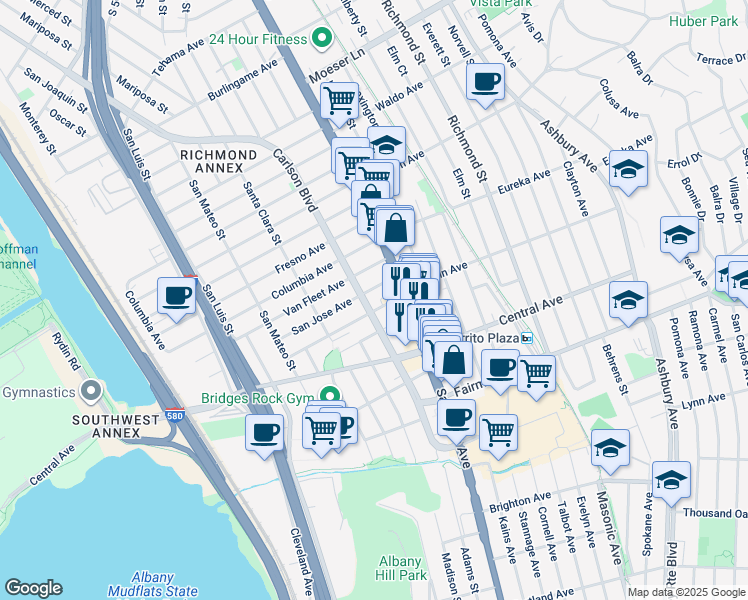map of restaurants, bars, coffee shops, grocery stores, and more near 3000 Carlson Boulevard in El Cerrito