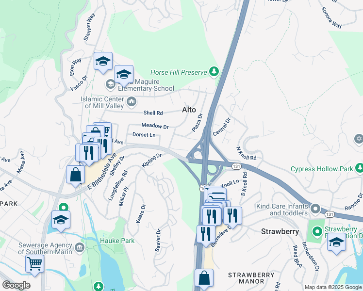 map of restaurants, bars, coffee shops, grocery stores, and more near in Mill Valley
