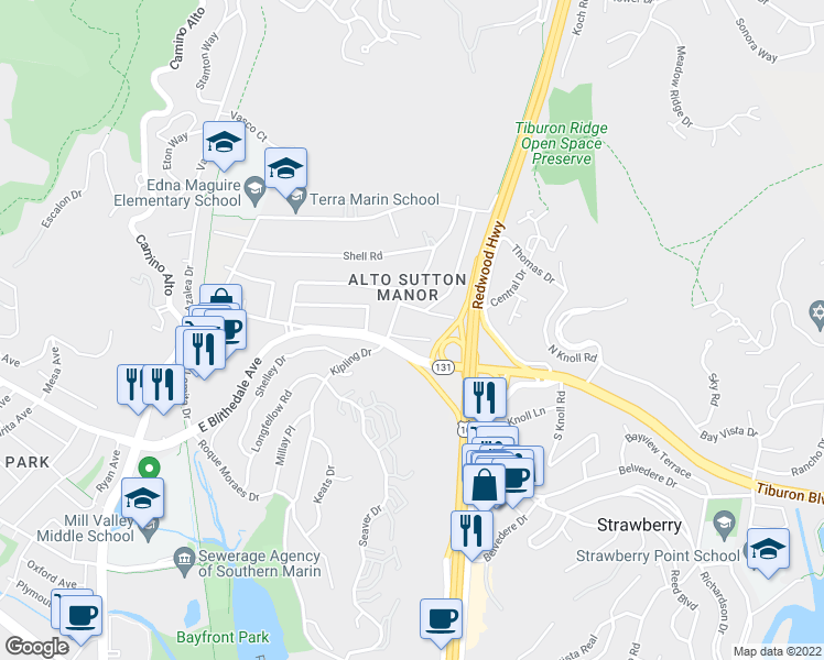 map of restaurants, bars, coffee shops, grocery stores, and more near in Mill Valley