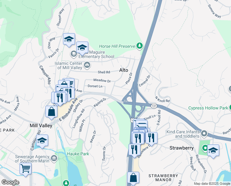 map of restaurants, bars, coffee shops, grocery stores, and more near in Mill Valley