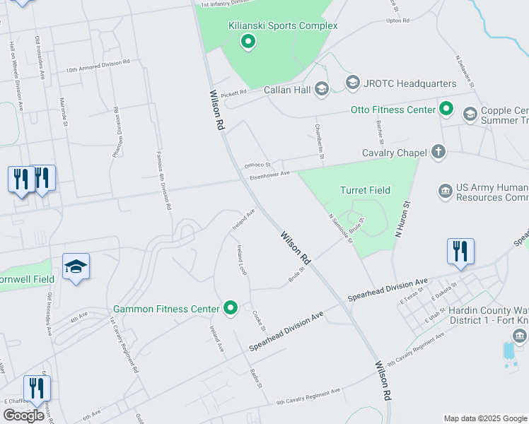 map of restaurants, bars, coffee shops, grocery stores, and more near Wilson Road in Fort Knox