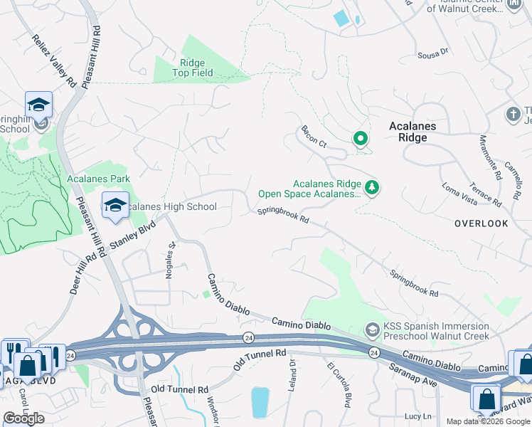 map of restaurants, bars, coffee shops, grocery stores, and more near 1717 Springbrook Road in Lafayette