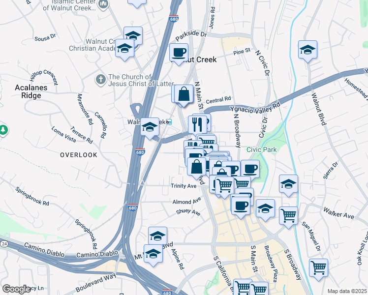 map of restaurants, bars, coffee shops, grocery stores, and more near 317 North California Boulevard in Walnut Creek