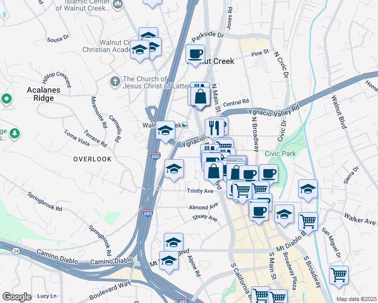 map of restaurants, bars, coffee shops, grocery stores, and more near 1753 Lacassie Avenue in Walnut Creek