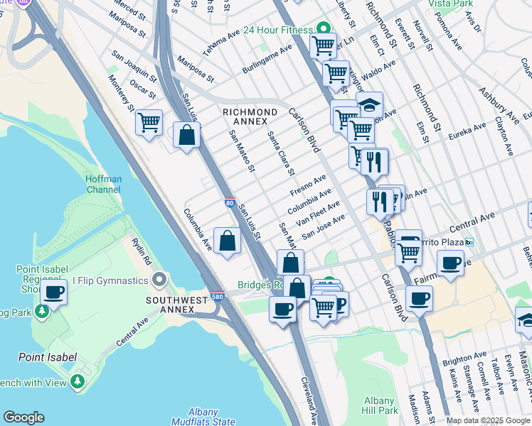 map of restaurants, bars, coffee shops, grocery stores, and more near 5445 Columbia Avenue in Richmond