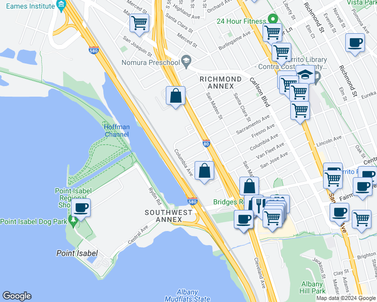 map of restaurants, bars, coffee shops, grocery stores, and more near 5210 Sacramento Avenue in Richmond