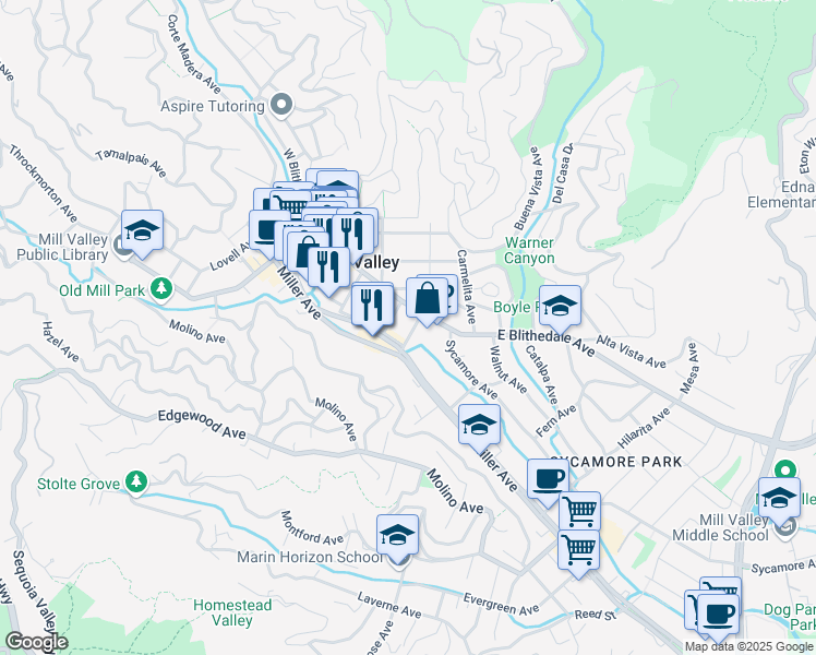 map of restaurants, bars, coffee shops, grocery stores, and more near 163 Miller Avenue in Mill Valley
