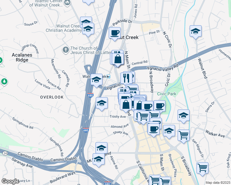 map of restaurants, bars, coffee shops, grocery stores, and more near 1753 Lacassie Avenue in Walnut Creek