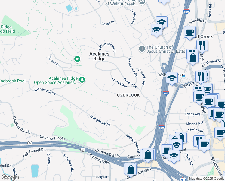 map of restaurants, bars, coffee shops, grocery stores, and more near 168 Oak Circle in Walnut Creek
