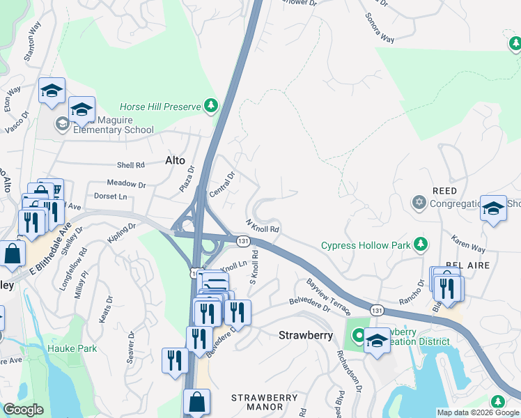 map of restaurants, bars, coffee shops, grocery stores, and more near 17 Eagle Rock Road in Mill Valley