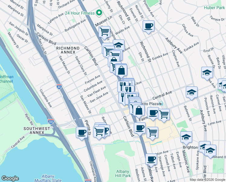 map of restaurants, bars, coffee shops, grocery stores, and more near 2900 Carlson Boulevard in Richmond