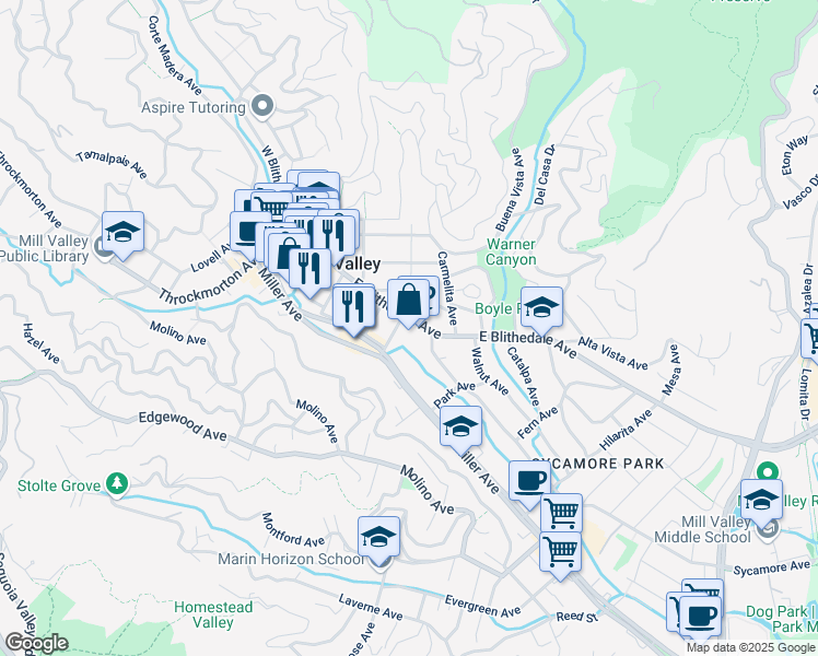 map of restaurants, bars, coffee shops, grocery stores, and more near 163 Miller Avenue in Mill Valley