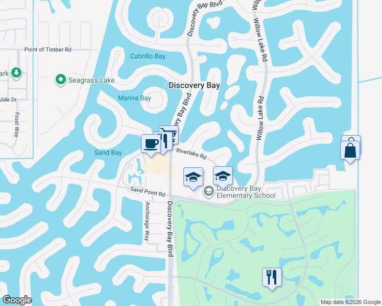 map of restaurants, bars, coffee shops, grocery stores, and more near 5262 Riverlake Road in Discovery Bay