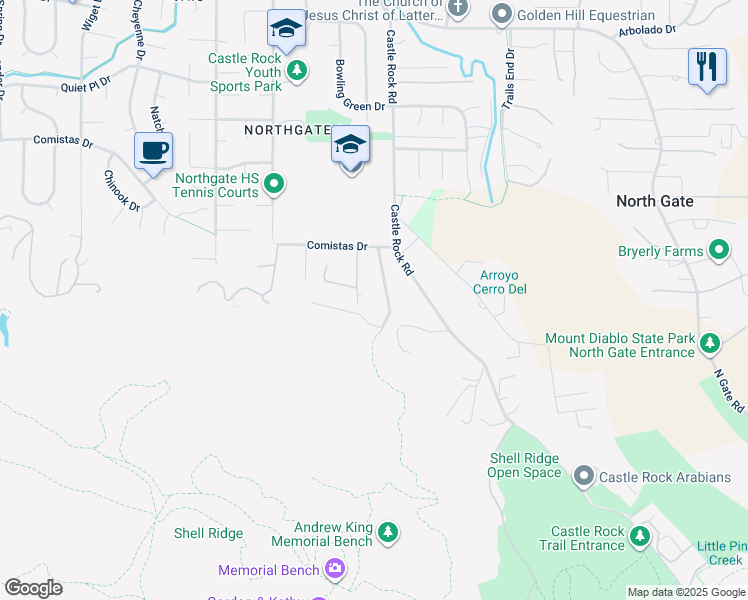 map of restaurants, bars, coffee shops, grocery stores, and more near 2897 Spring Creek Lane in Walnut Creek