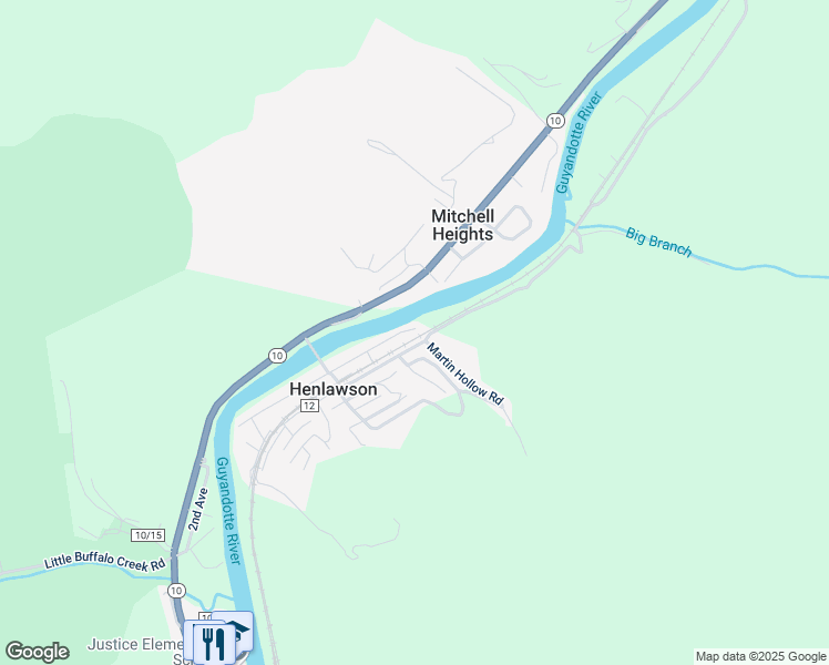 map of restaurants, bars, coffee shops, grocery stores, and more near Old Guyan River Road in Logan
