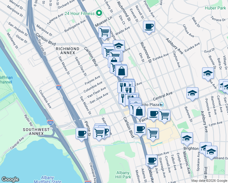 map of restaurants, bars, coffee shops, grocery stores, and more near 2900 Carlson Boulevard in Richmond