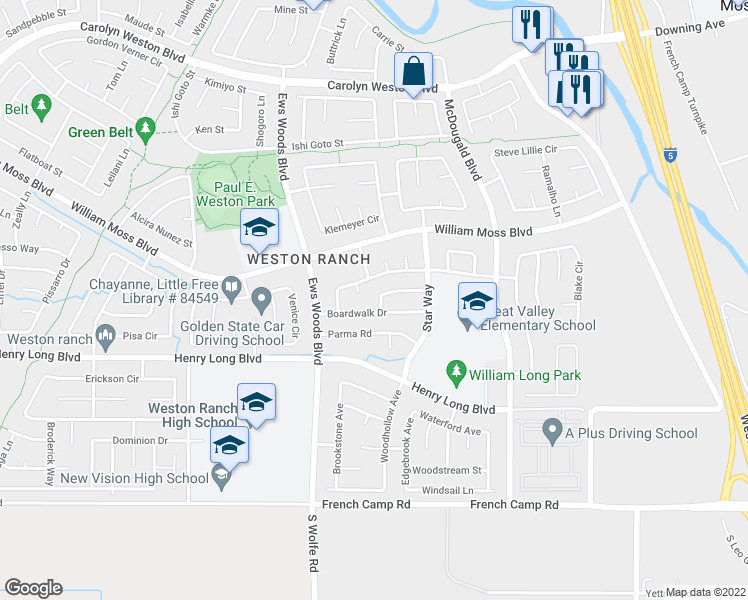 map of restaurants, bars, coffee shops, grocery stores, and more near 4219 Oceanview Drive in Stockton