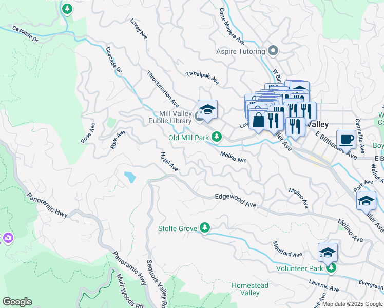 map of restaurants, bars, coffee shops, grocery stores, and more near 15 Millside Lane in Mill Valley