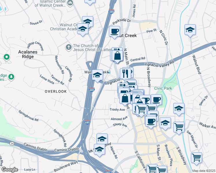 map of restaurants, bars, coffee shops, grocery stores, and more near 1800 Lacassie Avenue in Walnut Creek