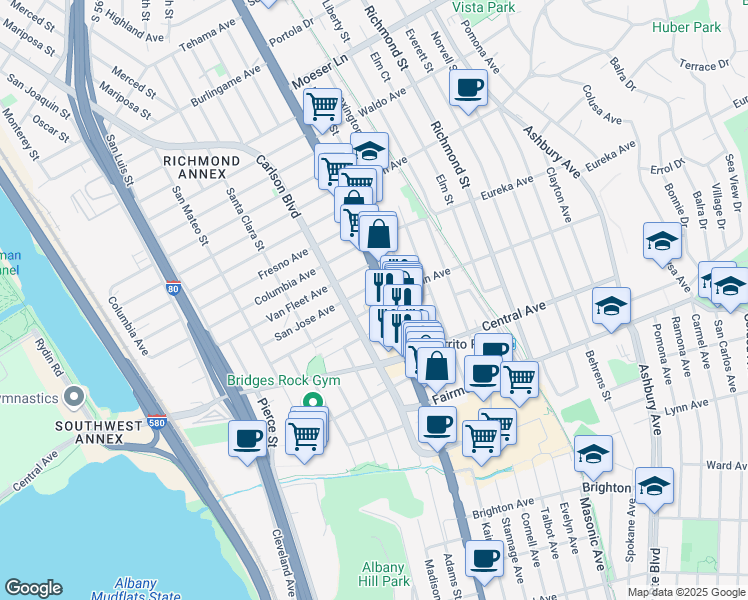 map of restaurants, bars, coffee shops, grocery stores, and more near 3000 Carlson Boulevard in El Cerrito