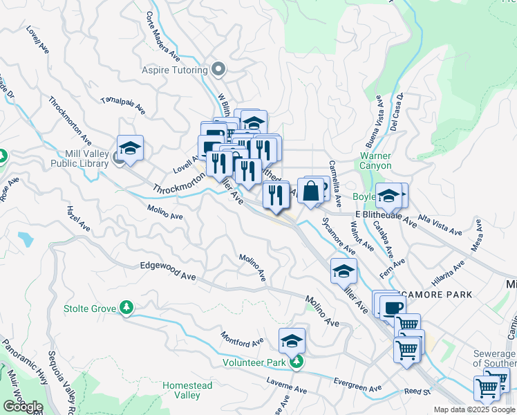 map of restaurants, bars, coffee shops, grocery stores, and more near 114 Miller Avenue in Mill Valley