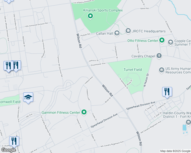 map of restaurants, bars, coffee shops, grocery stores, and more near Wilson Road in Fort Knox