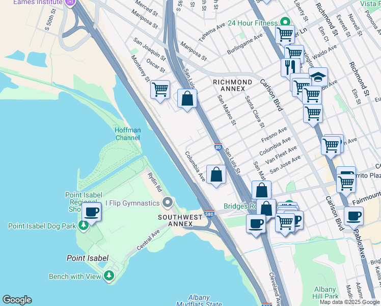 map of restaurants, bars, coffee shops, grocery stores, and more near 5103 Panama Avenue in Richmond