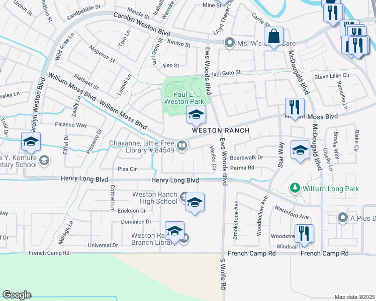 map of restaurants, bars, coffee shops, grocery stores, and more near 1529 Venice Circle in Stockton