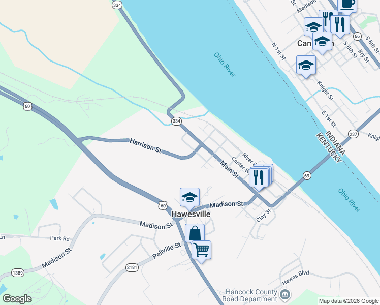 map of restaurants, bars, coffee shops, grocery stores, and more near 249 Harrison Street in Hawesville