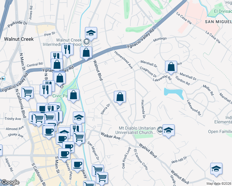 map of restaurants, bars, coffee shops, grocery stores, and more near 2712 Walnut Boulevard in Walnut Creek