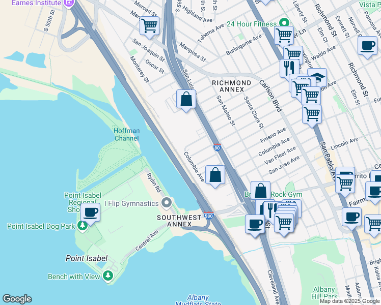 map of restaurants, bars, coffee shops, grocery stores, and more near 5105 Panama Avenue in Richmond