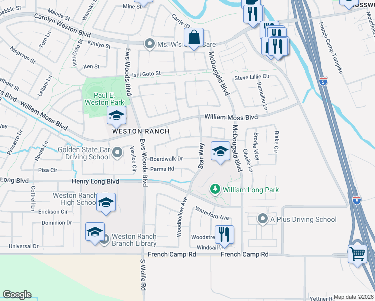 map of restaurants, bars, coffee shops, grocery stores, and more near 1020 Boardwalk Drive in Stockton