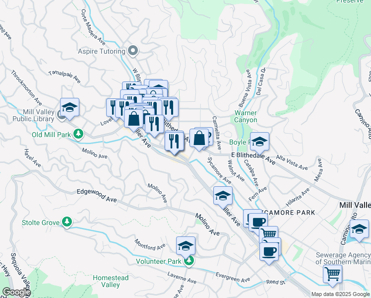 map of restaurants, bars, coffee shops, grocery stores, and more near 129 Miller Avenue in Mill Valley