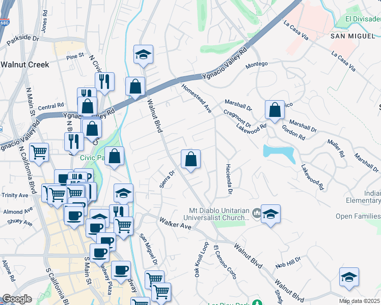 map of restaurants, bars, coffee shops, grocery stores, and more near 2730 Walnut Boulevard in Walnut Creek