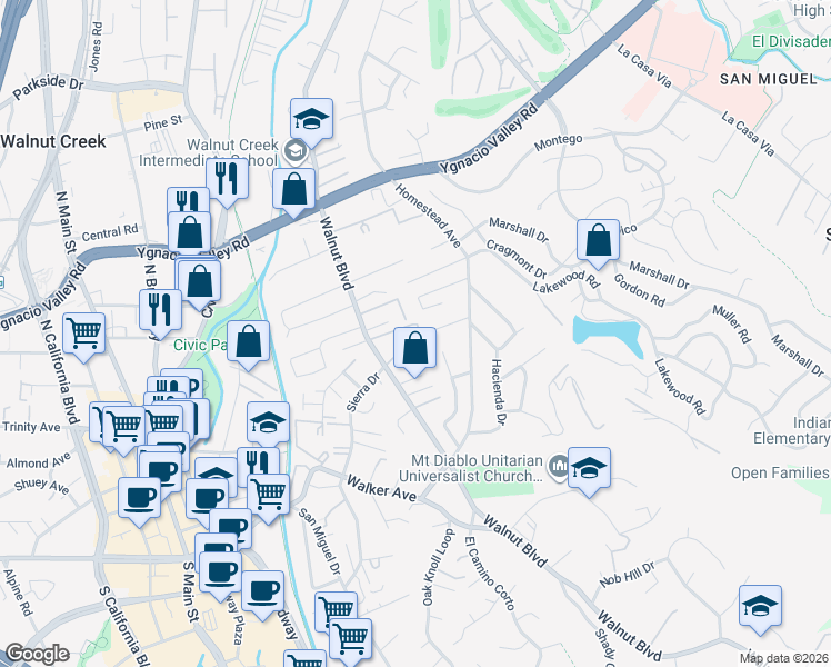 map of restaurants, bars, coffee shops, grocery stores, and more near 2730 Walnut Boulevard in Walnut Creek