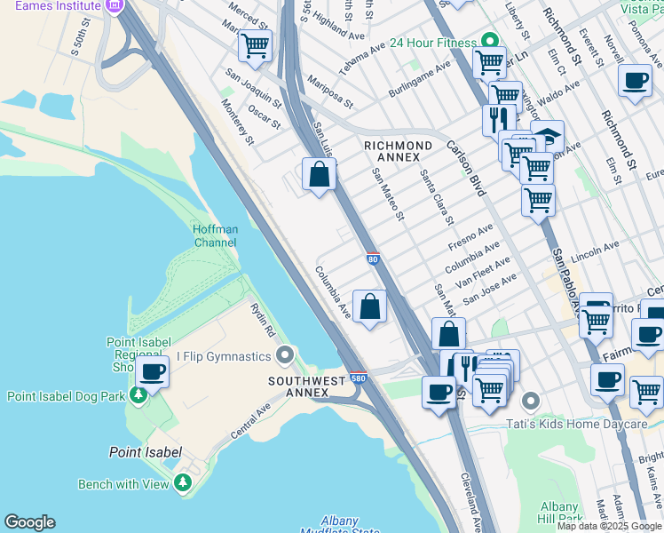 map of restaurants, bars, coffee shops, grocery stores, and more near 5113 Panama Avenue in Richmond