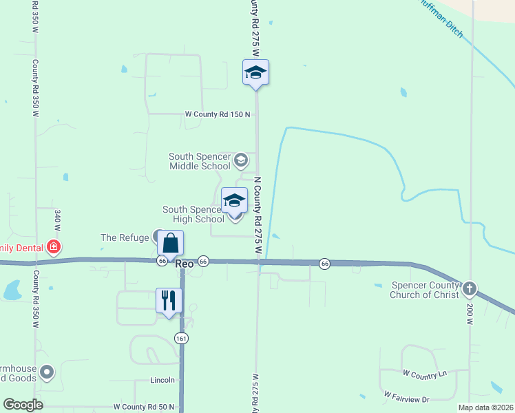 map of restaurants, bars, coffee shops, grocery stores, and more near 540 N County Road 275 West in Rockport